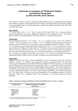 Comments on Evaluation of Al Electron-Capture and Positron