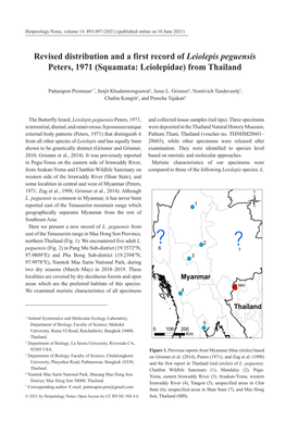 Revised Distribution and a First Record of Leiolepis Peguensis Peters, 1971 (Squamata: Leiolepidae) from Thailand