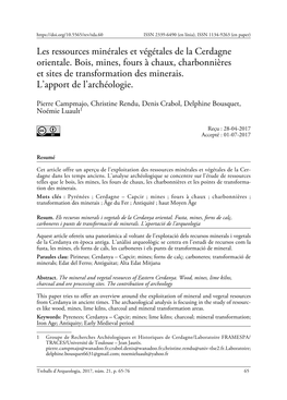 Les Ressources Minérales Et Végétales De La Cerdagne Orientale. Bois, Mines, Fours À Chaux, Charbonnières Et Sites De Transformation Des Minerais