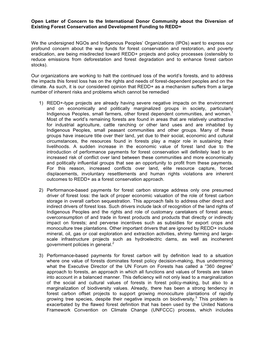 Open Letter of Concern to the International Donor Community About the Diversion of Existing Forest Conservation and Development Funding to REDD+