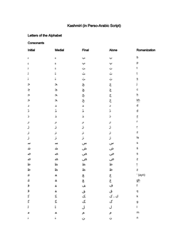 Kashmiri (In Perso-Arabic Script) Romanization Table