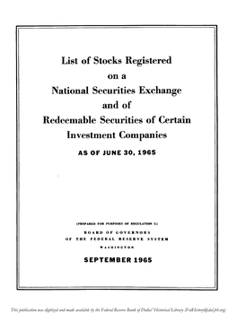 List of Stocks Registered on a National Securities Exchange and of Redeemable Securities of Certain Investment Companies