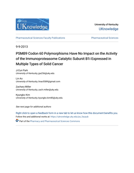 PSMB9 Codon 60 Polymorphisms Have No Impact on the Activity of the Immunoproteasome Catalytic Subunit B1i Expressed in Multiple Types of Solid Cancer