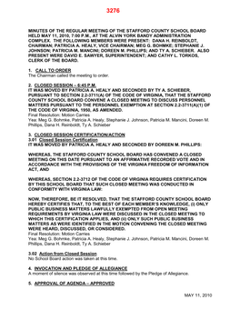 Minutes of the Regular Meeting of the Stafford County School Board Held May 11, 2010, 7:00 P.M., at the Alvin York Bandy Administration Complex