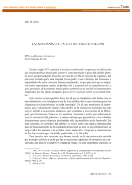 La Escribanía Del Cabildo De Cuzco (1534-1699) 67 Hid 38 (2011)