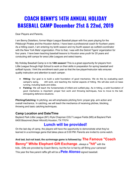 COACH BENNY's 14TH ANNUAL HOLIDAY BASEBALL CAMP December 21St & 22Nd, 2019