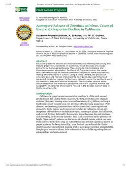 Ascospore Release of Togninia Minima, Cause of Esca and Grapevine Decline in California