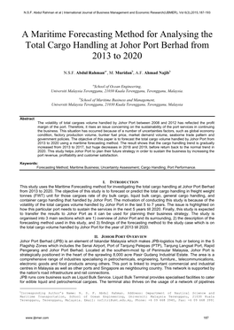 A Maritime Forecasting Method for Analysing the Total Cargo Handling at Johor Port Berhad from 2013 to 2020