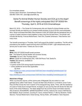 Santa Fe Animal Shelter Human Society and CCA Go to the Dogs!! Benefit Screenings of the Highly Anticipated ISLE of DOGS Film T