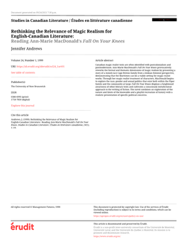 Rethinking the Relevance of Magic Realism for English-Canadian Literature: Reading Ann-Marie Macdonald’S Fall on Your Knees Jennifer Andrews