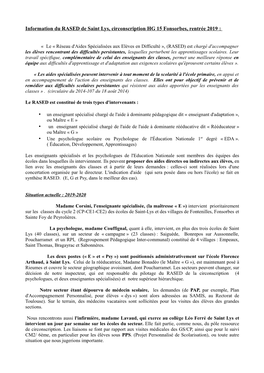 Information Du RASED De Saint Lys, Circonscription HG 15 Fonsorbes, Rentrée 2019