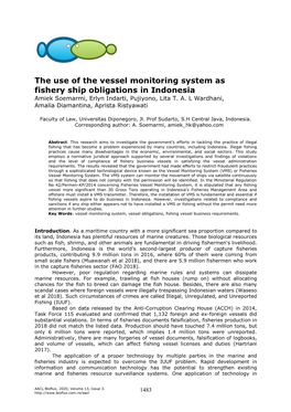 The Use of the Vessel Monitoring System As Fishery Ship Obligations in Indonesia Amiek Soemarmi, Erlyn Indarti, Pujiyono, Lita T