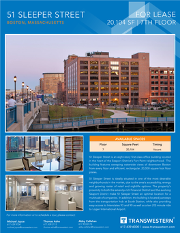 51 Sleeper Street for Lease Boston, Massachusetts 20,104 Sf | 7Th Floor