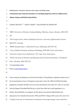 1 1 Colonisation and Extinction Dynamics of a Declining Migratory Bird Are Influenced by 2 Climate Change and Habitat Degradatio