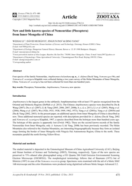 New and Little Known Species of Nemouridae (Plecoptera) from Inner Mongolia of China