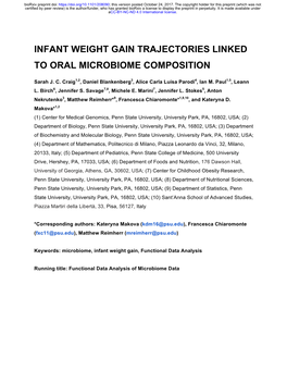 Infant Weight Gain Trajectories Linked to Oral Microbiome Composition