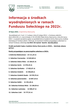 Informacja O Środkach Wyodrębnionych W Ramach Funduszu Sołeckiego Na 2022R