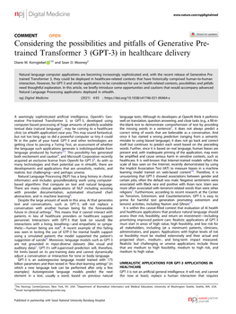 (GPT-3) in Healthcare Delivery ✉ Diane M