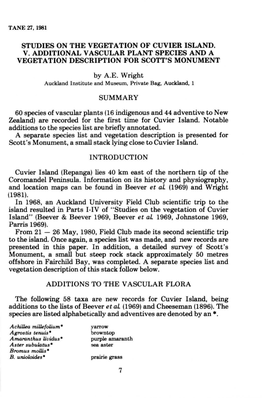 Studies on the Vegetation of Cuvier Island. V. Additional Vascular Plant Species and a Vegetation Description for Scott's Monument