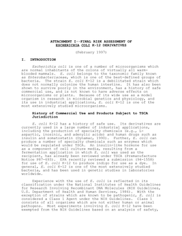 Final Risk Assessment of Escherichia Coli K-12 Derivatives (PDF)