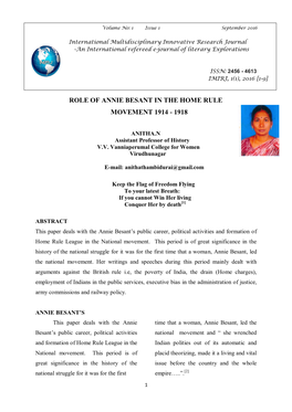 Role of Annie Besant in the Home Rule Movement 1914 - 1918
