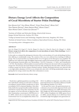 Dietary Energy Level Affects the Composition of Cecal Microbiota of Starter Pekin Ducklings