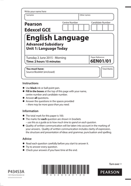 English Language Advanced Subsidiary Unit 1: Language Today