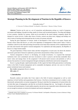 Strategic Planning in the Development of Tourism in the Republic of Kosovo