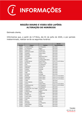 Região Douro E Viseu Dão Lafões: Alteração De Horários