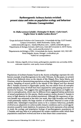 Parthenogenetic /Schnura Hastata Revisited: Present Status and Notes on Population Ecology and Behaviour (Odonata: Coenagrionidae)