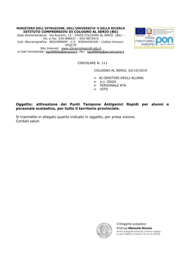 Attivazione Dei Punti Tampone Antigenici Rapidi Per Alunni E Personale Scolastico, Per Tutto Il Territorio Provinciale