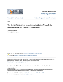 The Roman Tetrakionion at Ancient Aphrodisias: an Analysis, Documentation, and Reconstruction Program