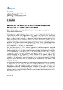 Determinant Factors in Olive Oil Accumulation for Optimizing Harvest Time in a Context of Climate Change