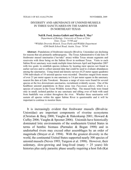 Diversity and Abundance of Unionid Mussels in Three Sanctuaries on the Sabine River in Northeast Texas