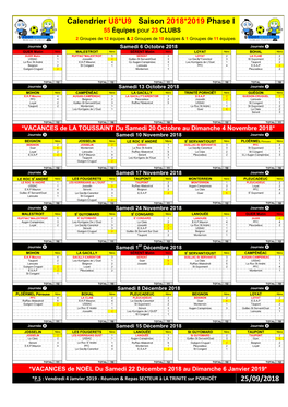 Calendrier U8*U9 Saison 2018*2019 Phase I 25/09/2018