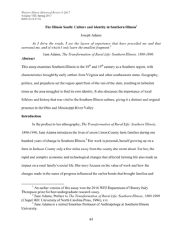 43 the Illinois South: Culture and Identity in Southern Illinois Joseph Adams As I Drive the Roads, I See the Layers of Experien