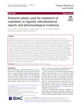 Antivenin Plants Used for Treatment of Snakebites in Uganda