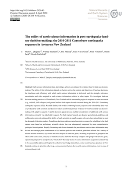 The Utility of Earth Science Information in Post-Earthquake Land- Use Decision-Making: the 2010-2011 Canterbury Earthquake Sequence in Aotearoa New Zealand