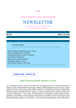 NEWSLETTER the Ministry of Science and Technology People's Republic of China