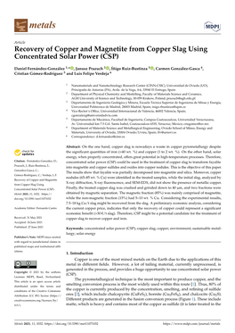Recovery of Copper and Magnetite from Copper Slag Using Concentrated Solar Power (CSP)