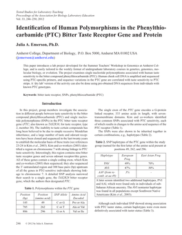 Identification of Human Polymorphisms in the Phenylthio- Carbamide (PTC) Bitter Taste Receptor Gene and Protein