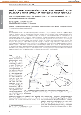 Nové Poznatky O Miocenní Paleontologické Lokalitě Talián- Ská Skála U Kelčic (Karpatská Předhlubeň, Česká Republika)