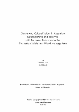 Conserving Cultural Values in Australian National Parks and Reserves, with Particular Reference to the Tasmanian Wilderness World Heritage Area