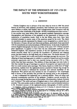 THE IMPACT of the EPIDEMICS of 1727-1730 in SOUTH WEST WORCESTERSHIRE by J