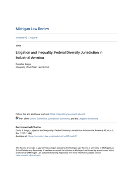 Litigation and Inequality: Federal Diversity Jurisdiction in Industrial America