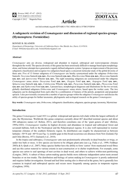 A Subgeneric Revision of Crematogaster and Discussion of Regional Species-Groups (Hymenoptera: Formicidae)