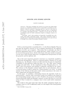 Arxiv:Math/0605354V4 [Math.GT] 6 Jun 2007 Oino Hti En O Ojgc Ls Ohv Ml Tbeco Stable Small Have to Class Conjugacy a for Means It Length