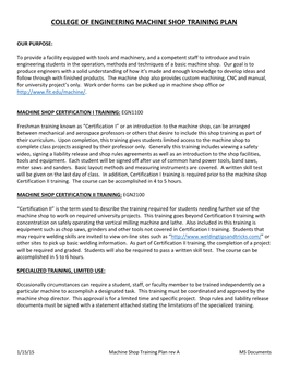 College of Engineering Machine Shop Training Plan