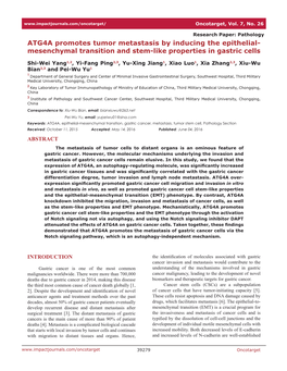 ATG4A Promotes Tumor Metastasis by Inducing the Epithelial- Mesenchymal Transition and Stem-Like Properties in Gastric Cells