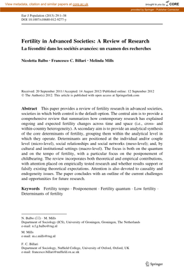 Fertility in Advanced Societies: a Review of Research La Fe´Condite´ Dans Les Socie´Te´S Avance´Es: Un Examen Des Recherches